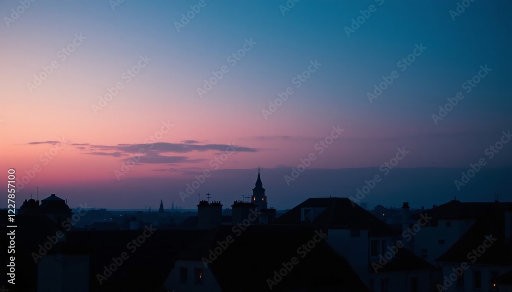 A tranquil cityscape at dawn, featuring buildings in silhouette against a vibrant pastel sky transitioning from pink to blue A tranquil cityscape at dawn, featuring buildings in silhouette against a vibrant pastel sky transitioning from pink to blue