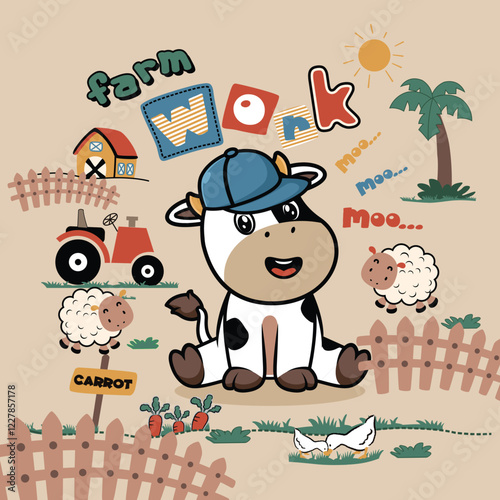Adorable and cool cow standing on a lush farmland in a vibrant vector illustration.
