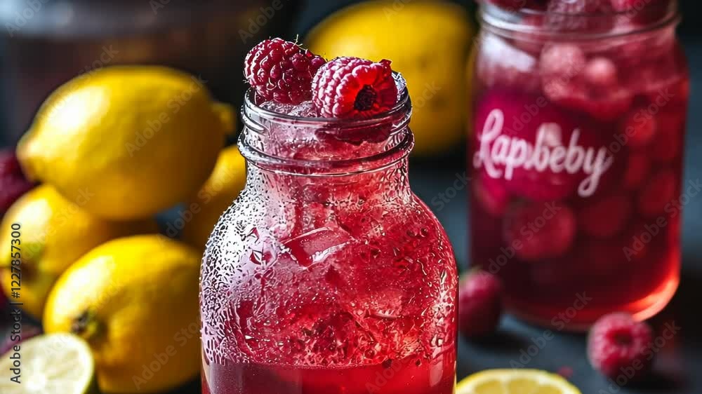 Refreshing raspberry lemonade in mason jars with lemons in the background
