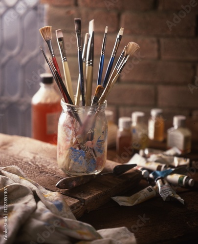 Artists paint brushes in a jar on a work bench.