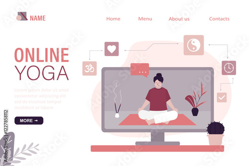 Female character participating yoga online workshop, workout, fitness. Girl doing yoga online, internet courses. Online yoga class, lessons on TV, landing page template.