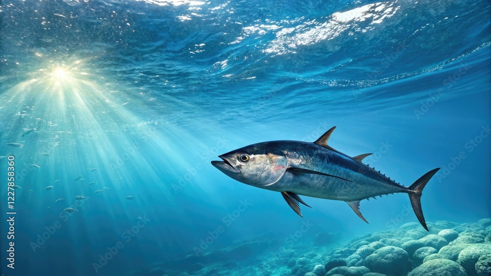 Obraz premium Bluefin tuna swimming near the surface of the ocean with sunlight filtering down, water, sea