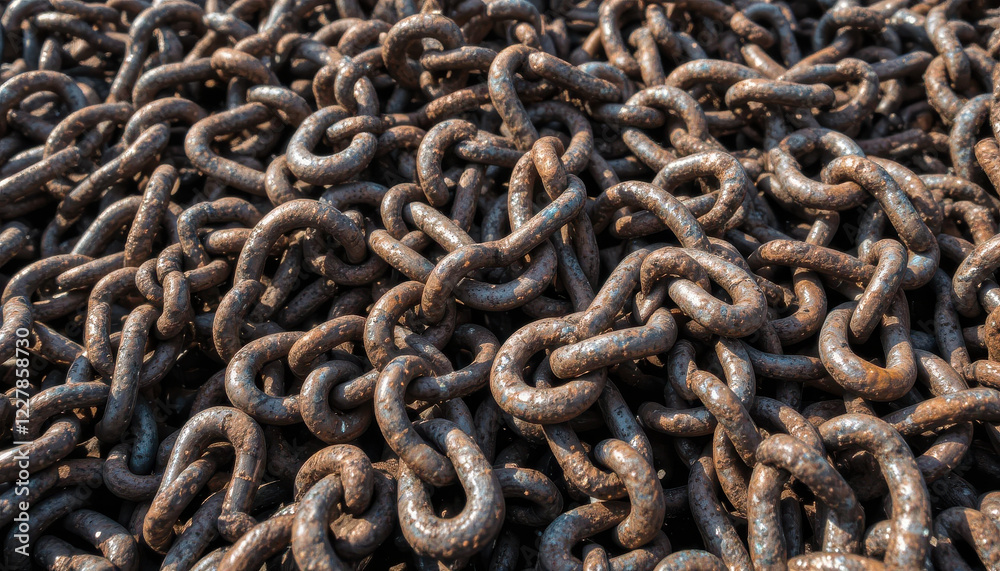 A dense pile of rusty metal chains intertwined and weathered. A dense pile of rusty metal chains intertwined and weathered.
