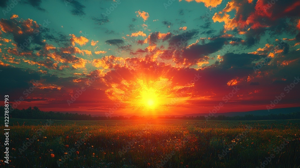 Fototapeta premium Vibrant Sunset Over a Wildflower Meadow Landscape