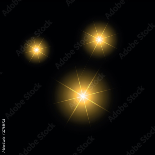 Yellow flashes of light with rays. Vector on a black background