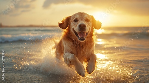 joyful golden retriever splashing in sunset waves
