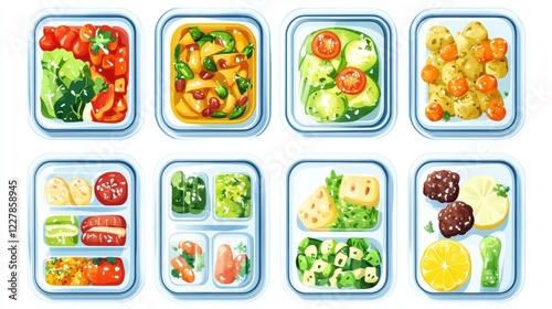 Plastic lunch food storage container icon vector illustration. Isolated cooked vegetable and fruit glass pack for picnic cartoon clipart set. Prepared leftover with salad, dessert and meat ball. photo