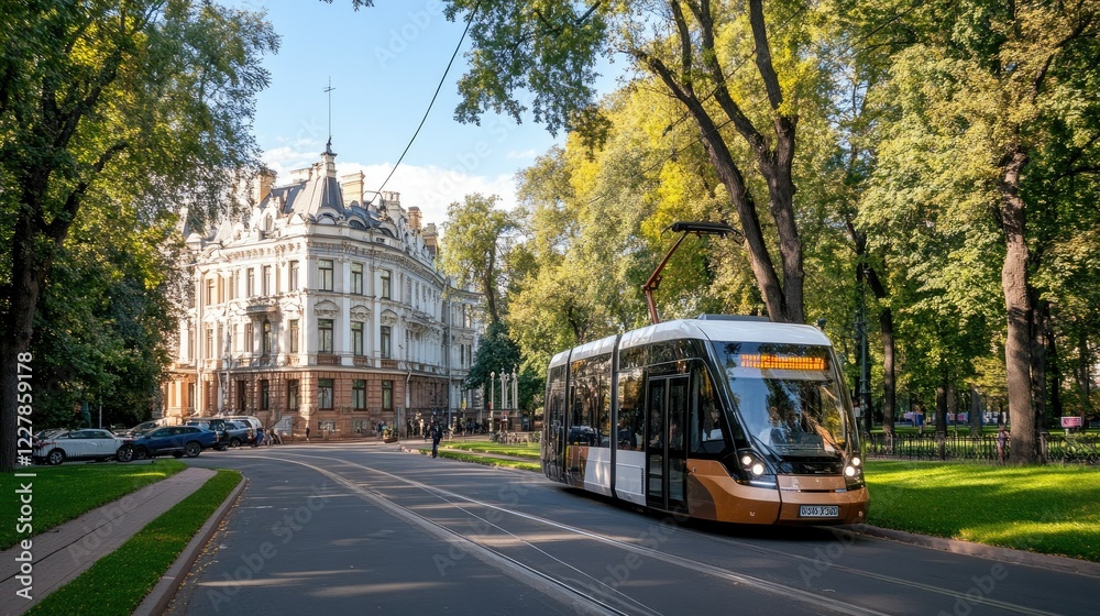 Fototapeta premium A contemporary tram glides smoothly down a picturesque tree-lined street, surrounded by stunning historic buildings in a lively urban environment