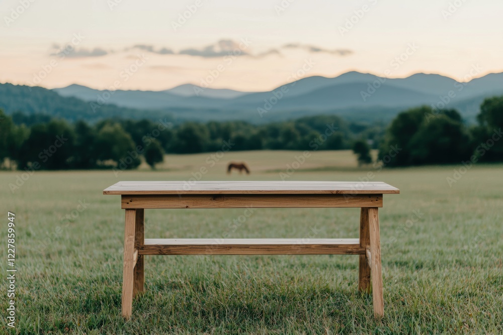 Empty wooden table in a peaceful field at sunrise, perfect for displaying products or enjoying nature Empty wooden table in a peaceful field at sunrise, perfect for displaying products or enjoying nature