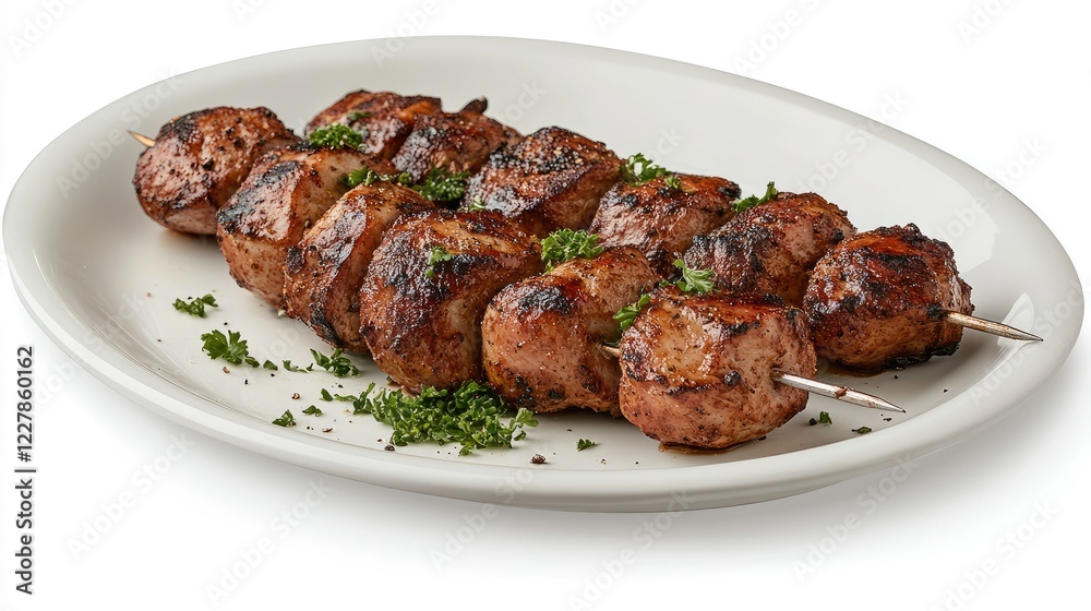Succulent grilled meat skewers are beautifully presented on a pristine white plate, garnished with fresh herbs, creating a delightful atmosphere in a cozy dining space Succulent grilled meat skewers are beautifully presented on a pristine white plate, garnished with fresh herbs, creating a delightful atmosphere in a cozy dining space