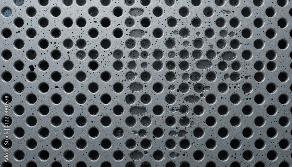Close-up of a perforated metal surface with water droplets. Close-up of a perforated metal surface with water droplets.