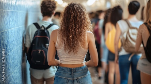 Queue to the toilet. People waiting at WC door stand in line. Unhappy male and female characters feel malaise with full bladder or stomach seething in public restroom, Linear flat vector illustration