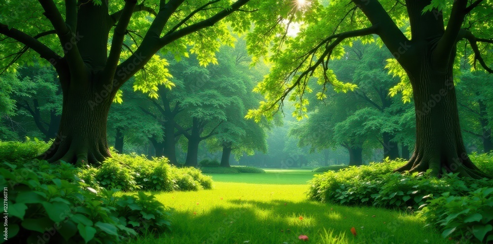 Naklejka premium Lush green corners of a park with large trees and ferns, garden, natural scenery, trees