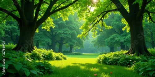 Lush green corners of a park with large trees and ferns, garden, natural scenery, trees photo