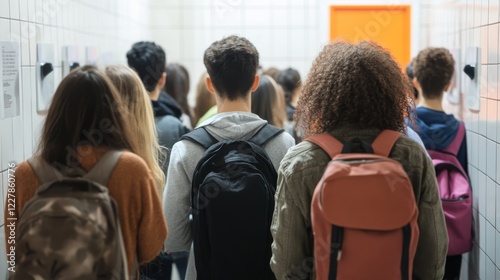 Queue to the toilet. People waiting at WC door stand in line. Unhappy male and female characters feel malaise with full bladder or stomach seething in public restroom, Linear flat vector illustration