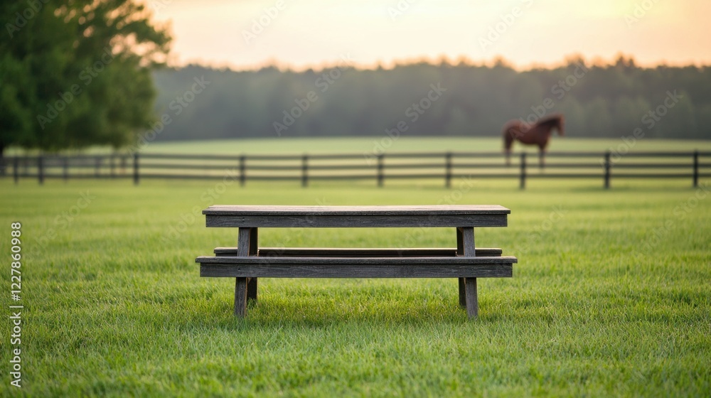 Tranquil rural setting featuring a wooden picnic table on a grassy field, with a horse by a fence under natural sunlight, evoking an inviting mood Tranquil rural setting featuring a wooden picnic table on a grassy field, with a horse by a fence under natural sunlight, evoking an inviting mood