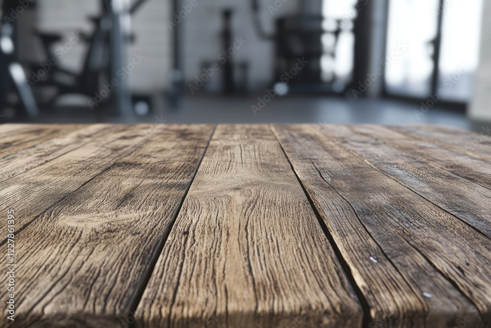 A wooden table with a natural, rustic appearance.  Blurred gym on the background. 