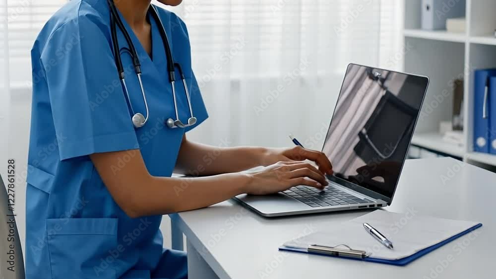 Medical Report Writing at Clinic or Nurse Diagnosing on Laptop in Office Medical Report Writing at Clinic or Nurse Diagnosing on Laptop in Office