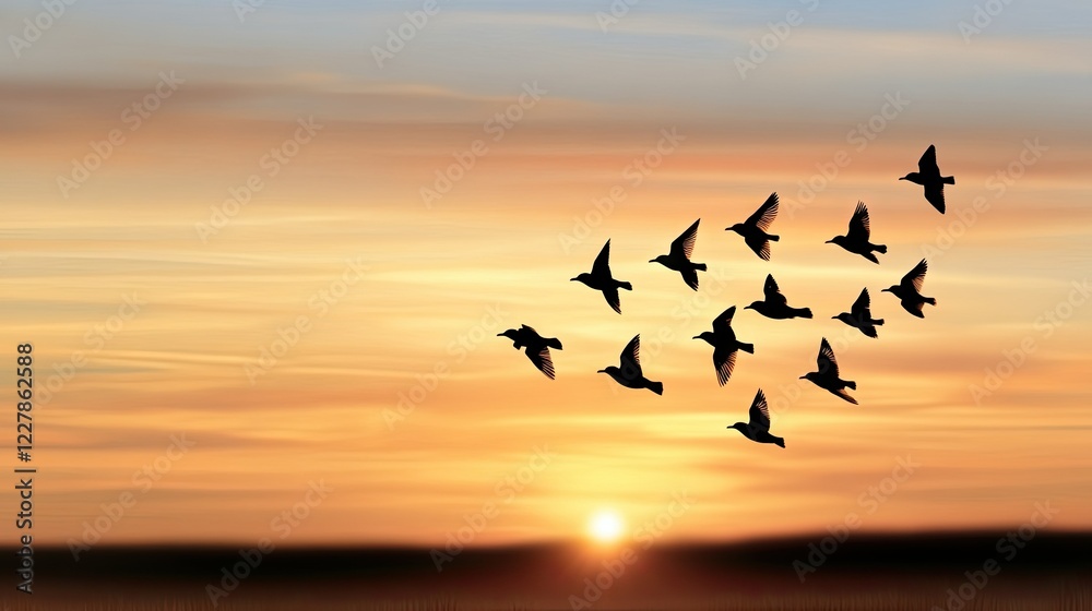 Fototapeta premium A graceful flock of birds soars through the beautiful golden sky at sunset, close to a serene and tranquil horizon