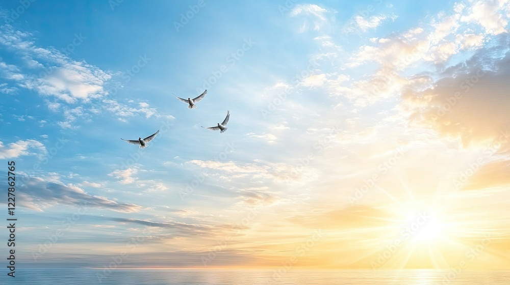 A breathtaking sunrise illuminates the tranquil sea, while graceful birds soar high in the clear blue sky above A breathtaking sunrise illuminates the tranquil sea, while graceful birds soar high in the clear blue sky above
