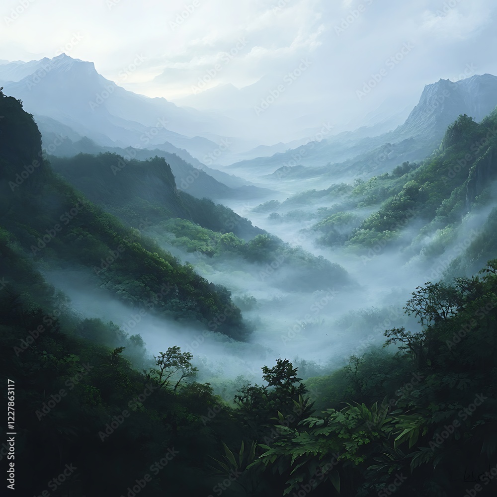 Astonishing snow covered mountain peaks standing proudly above misty winter landscape Astonishing snow covered mountain peaks standing proudly above misty winter landscape