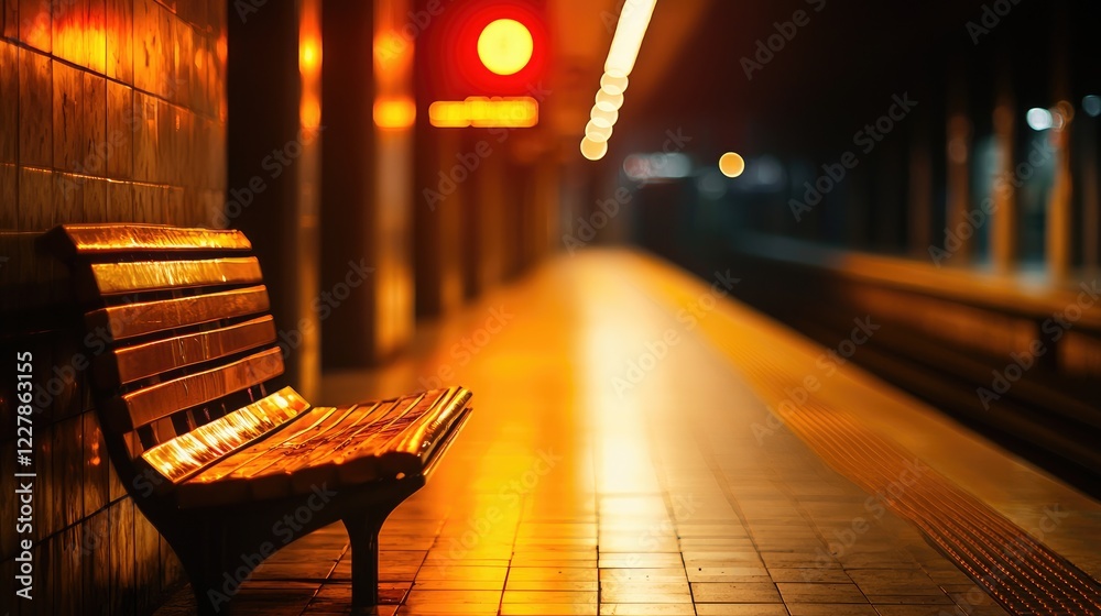 Empty Train Station Bench Under Soft Evening Glow in Urban Setting Empty Train Station Bench Under Soft Evening Glow in Urban Setting