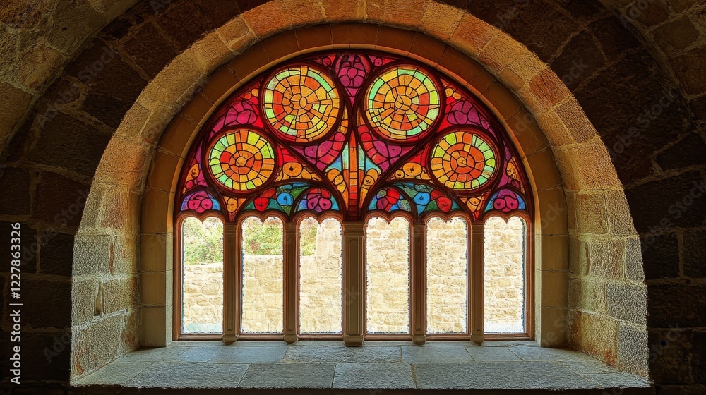 Obraz premium Colorful stained glass windows with stone frame. Vector cartoon set of medieval gothic mosaic windows for interior of catholic cathedral, castle, palace, chapel and antique house