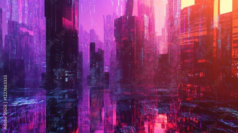 Fototapeta premium Neon Cyberpunk Cityscape: A Digital Metropolis at Dusk