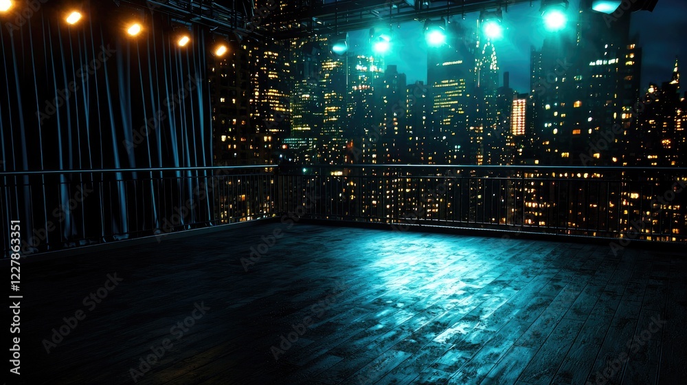 Obraz premium Urban Night View from Stage with Bright Lights and City Skyline