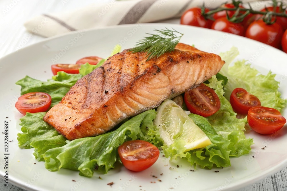 Sizzling salmon fillet served atop a bed of crisp lettuce and juicy tomatoes, fish recipes, green leafy greens, dinner ideas, restaurant food, meat options Sizzling salmon fillet served atop a bed of crisp lettuce and juicy tomatoes, fish recipes, green leafy greens, dinner ideas, restaurant food, meat options