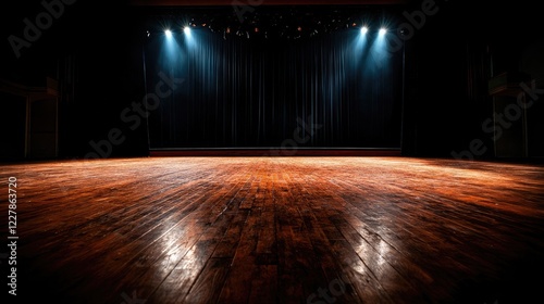 Empty Stage with Dramatic Lighting and Wooden Floor in Theater