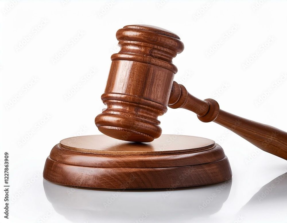 wooden gavel on a round base symbolizing justice and legal authority on a white isolated background wooden gavel on a round base symbolizing justice and legal authority on a white isolated background