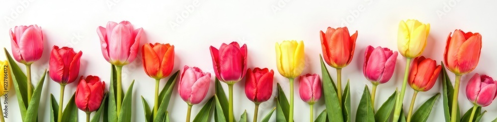 Obraz premium Bright colors of tulips and roses against a soft white background, flowers, motherday