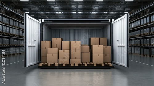 In a brightly lit warehouse during the day, a spacious storage container is brimming with neatly organized stacks of cardboard boxes photo