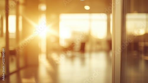 Abstract blurred image of a modern office corridor illuminated by bright ceiling lights, conveying work atmosphere