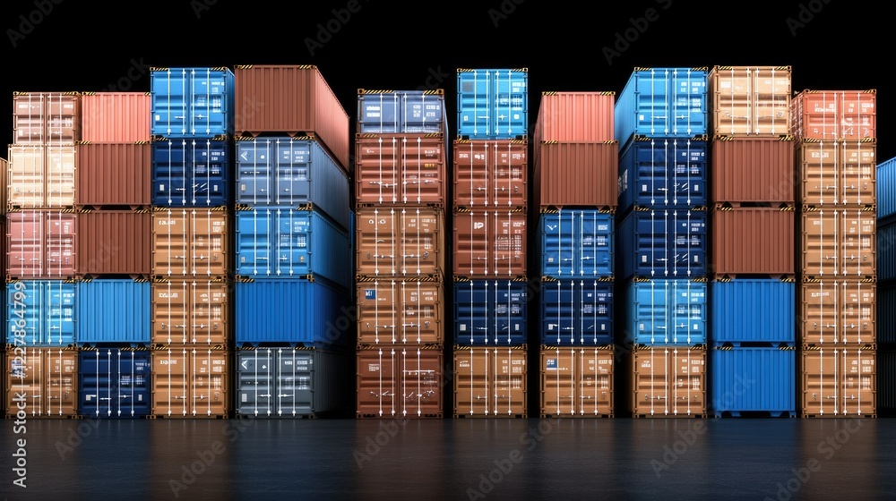 Fototapeta premium A vibrant array of stacked cargo containers in a busy shipping yard at night, displaying a fascinating mix of colors and sizes