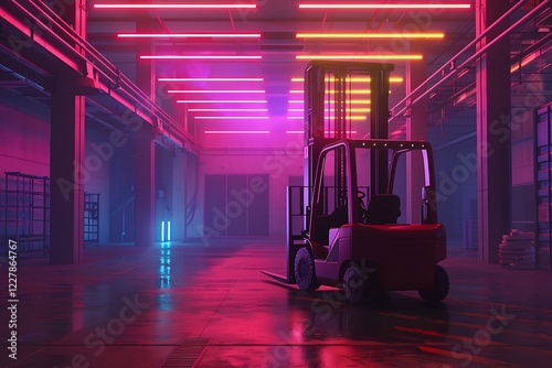 Forklift in warehouse with neon lights. 3D Rendering