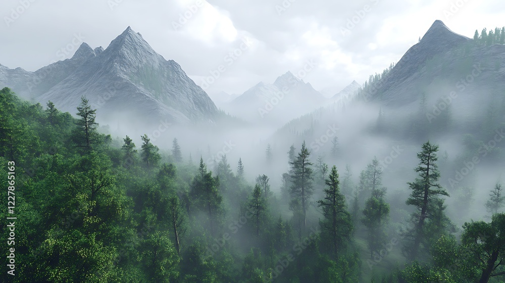 Gorgeous mountain backdrop with rolling mist and vibrant forests below Gorgeous mountain backdrop with rolling mist and vibrant forests below