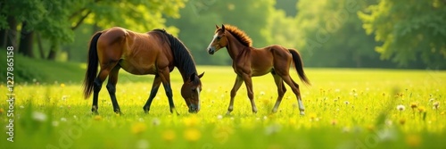 Mare and foal grazing in lush meadow , wildflowers, horse