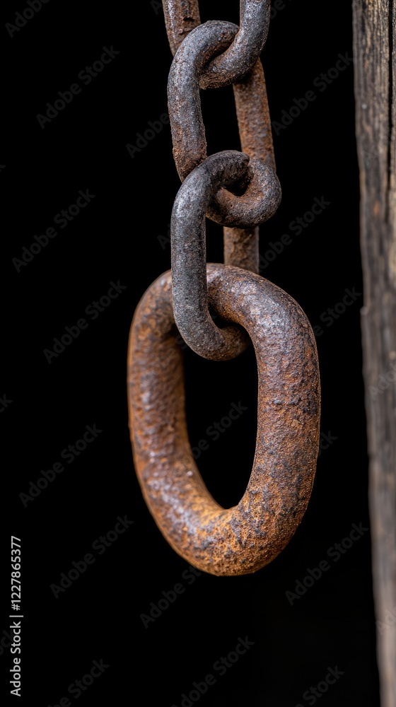 Close-up view of a rusty iron chain link hanging against a dark background at an outdoor location emphasizing industrial texture and weathering Close-up view of a rusty iron chain link hanging against a dark background at an outdoor location emphasizing industrial texture and weathering