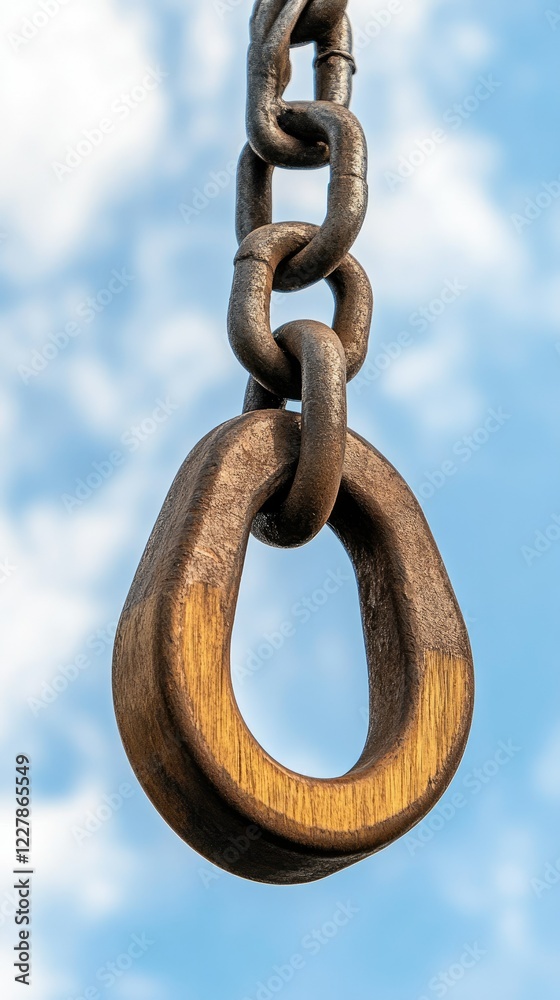 Rustic wooden loop suspended from a metal chain against a bright blue sky highlighting the charm of outdoor playground equipment Rustic wooden loop suspended from a metal chain against a bright blue sky highlighting the charm of outdoor playground equipment