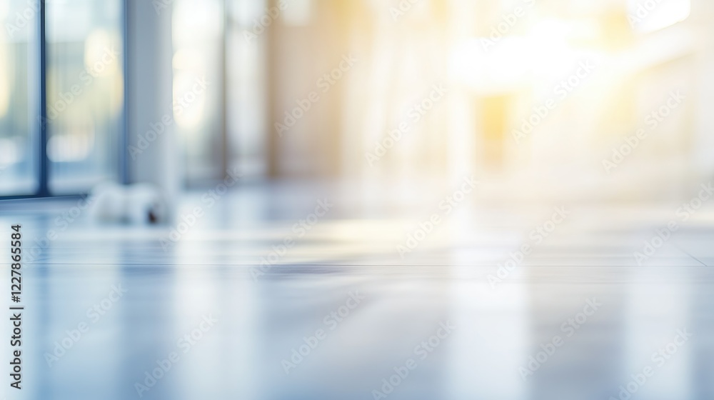 A blurred view of an empty modern office space with large windows and a bright ambiance extending serenity and cleanliness. A blurred view of an empty modern office space with large windows and a bright ambiance extending serenity and cleanliness.