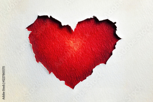 Red Heart-Shaped Paper Cutout on White Background with Ripped Hole in Middle and White Border, Copy Space for Text, Banner or Poste photo