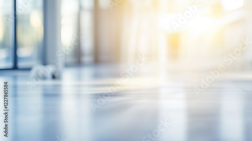A blurred view of an empty modern office space with large windows and a bright ambiance extending serenity and cleanliness.