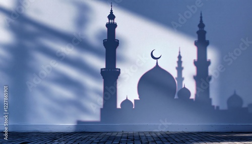 A captivating image of a mosque's silhouette cast as a shadow on a light blue wall