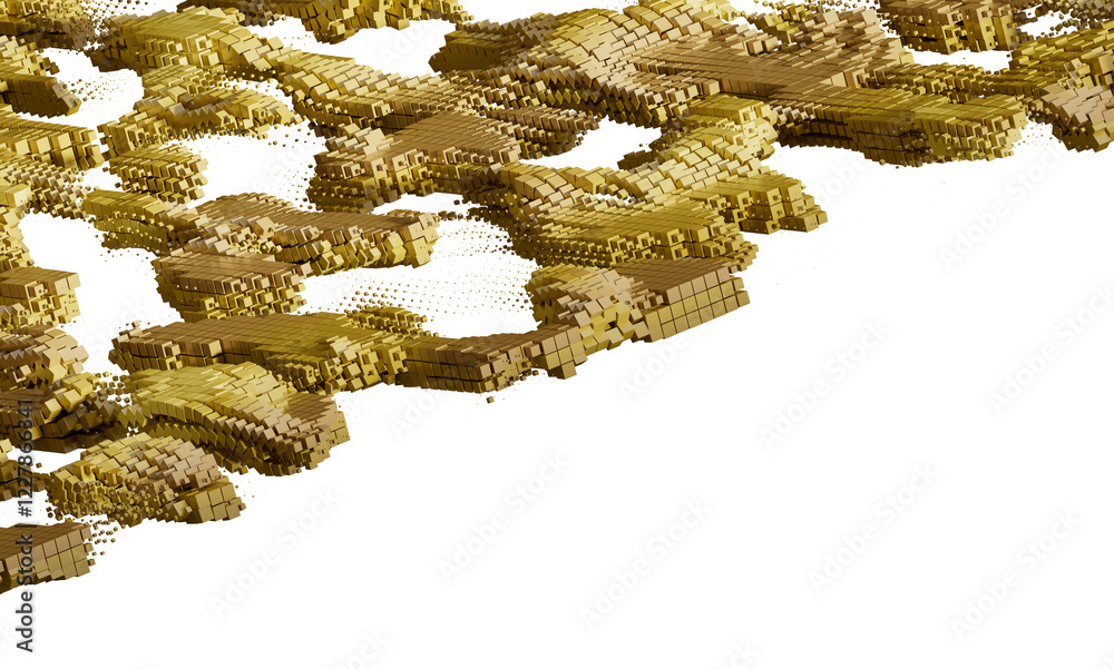 Naklejka premium 3D render of abstract gold cubes forming a wave. Perfect for backgrounds, textures, and modern designs.