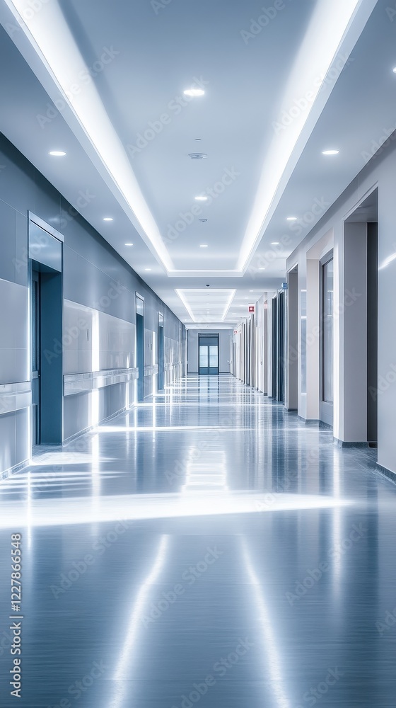 Fototapeta premium Modern Hospital Corridor: Clean, Bright, and Serene Medical Interior