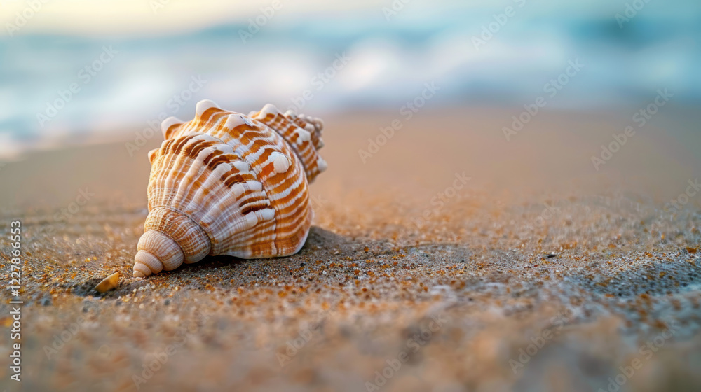 A seashell lies on a sandy beach, with the ocean waves in the background. A seashell lies on a sandy beach, with the ocean waves in the background.