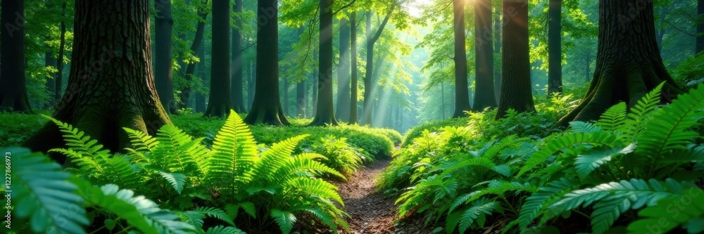 Fototapeta premium Lush fern forest with tall trees and vibrant greenery, foliage, ferns