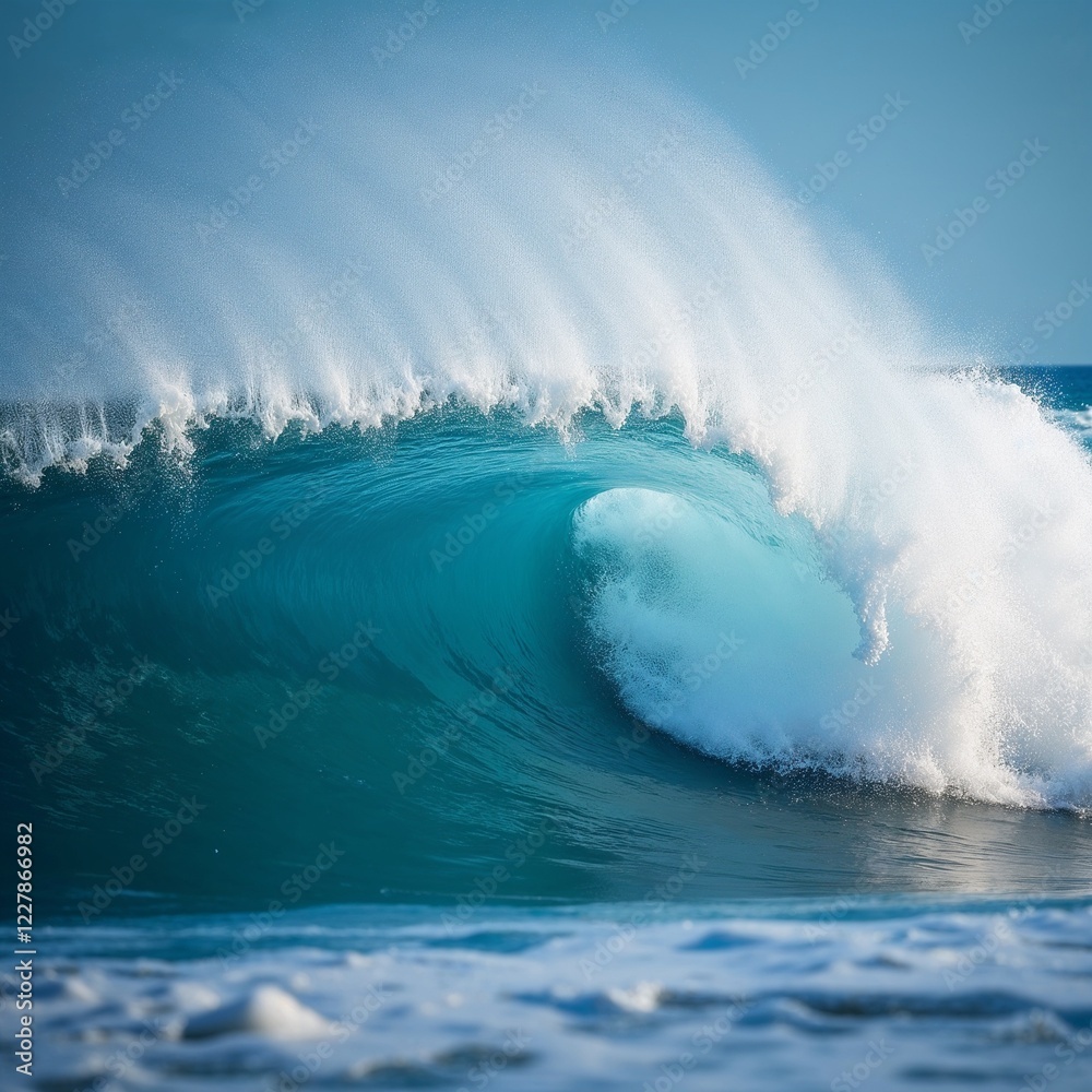 Blue ocean wave crashing on shore with sunlight and water splashes Blue ocean wave crashing on shore with sunlight and water splashes